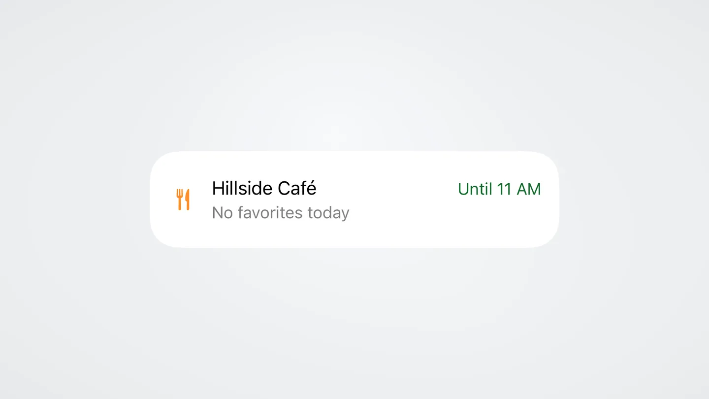 Hillside Cafe dining card on the Home screen