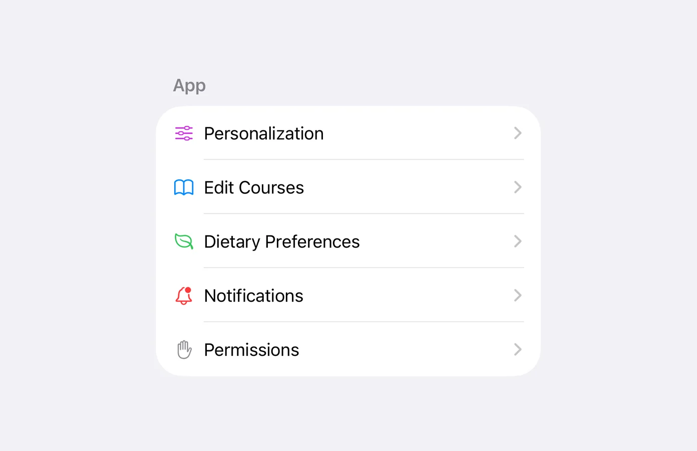 Eagle One Settings, with Personalization, Edit Courses, Dietary Preferences, Notifications and Permissions