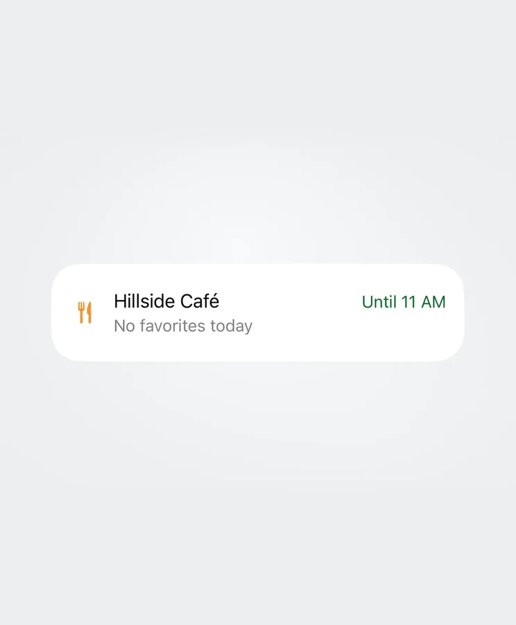 Hillside Cafe dining card on Home