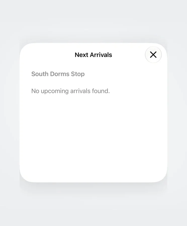 Next Arrivals sheet with no upcoming buses